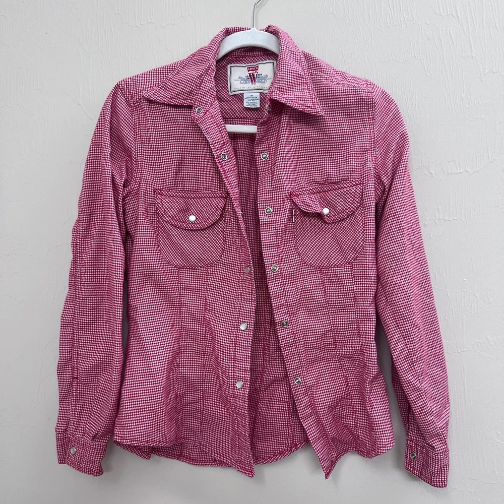 Levi's Western Shirt Houndstooth Button Down Pearl Snap Red White Small